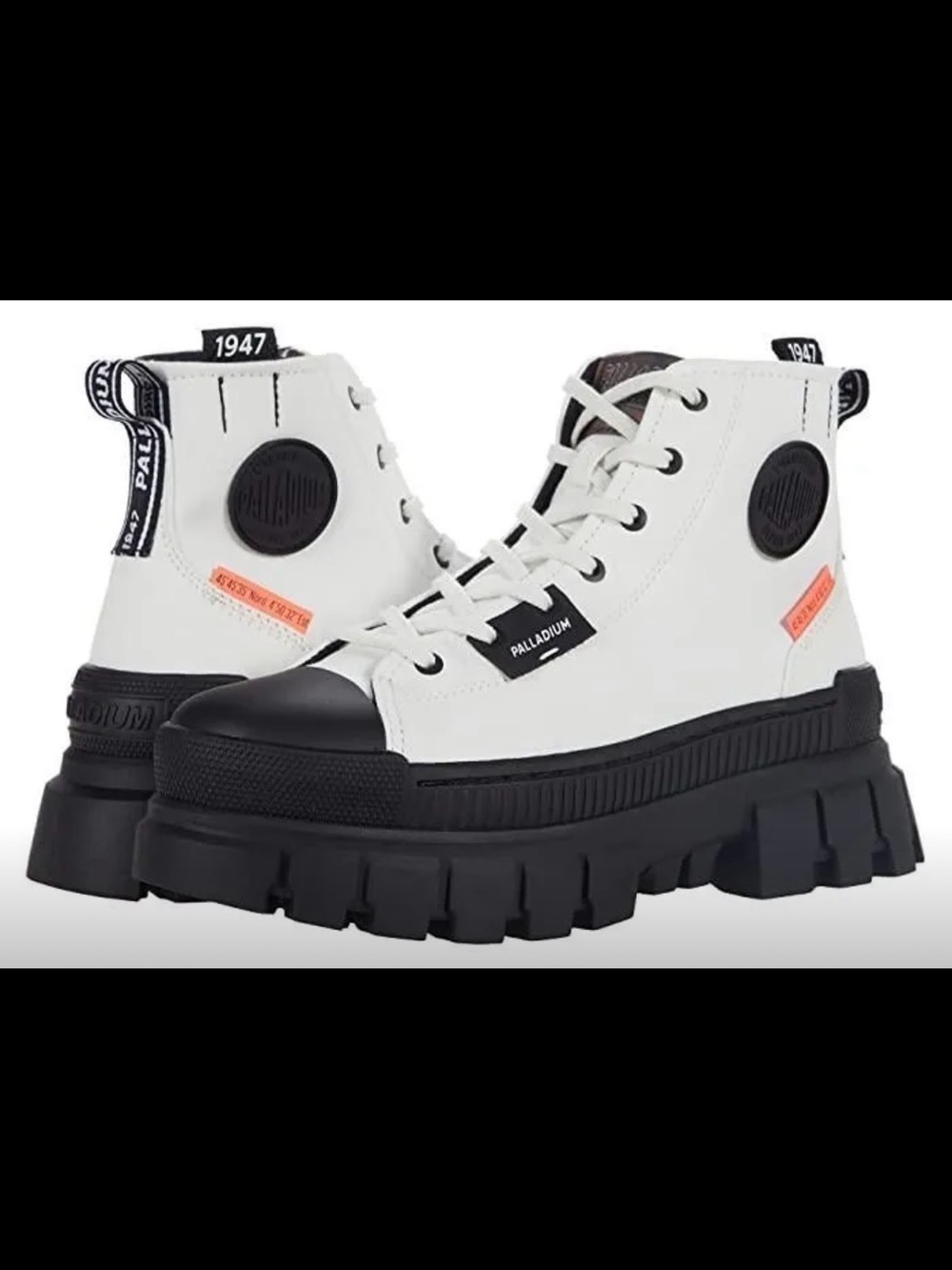 Palladium White and Black Canvas Lug-Soled Lace-Up Boots with Orange Accent - Picture 1 of 3